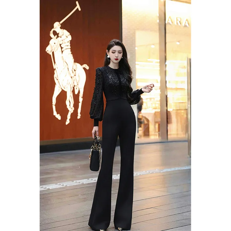 【尤克菲儿】原创设计高定罗马纹网纱微喇裤高腰显瘦优雅黑色连体裤