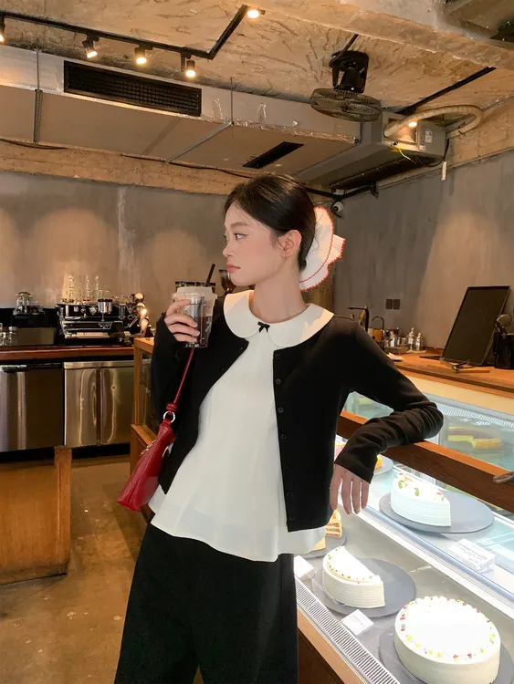黑色薄款针织开衫外套女秋季韩系外搭镂空短款长袖小上衣潮