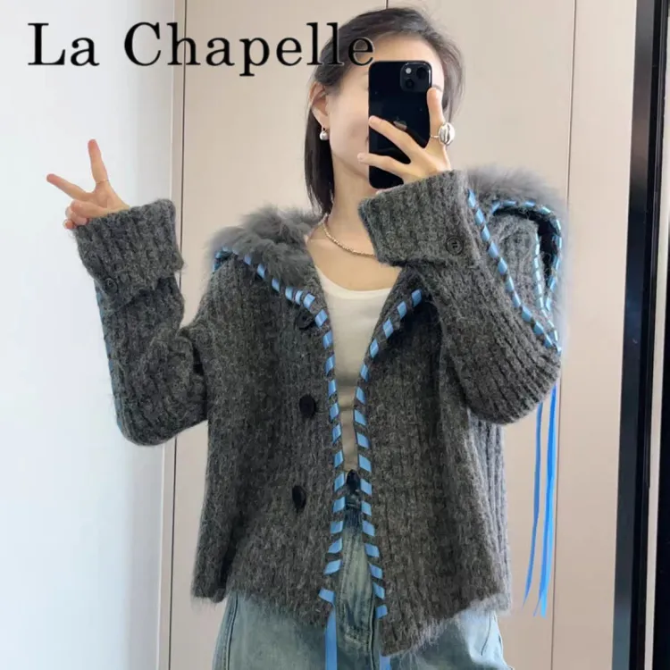 拉夏贝尔韩系复古大翻领毛衣外套女春秋季设计感飘带软糯宽松针织