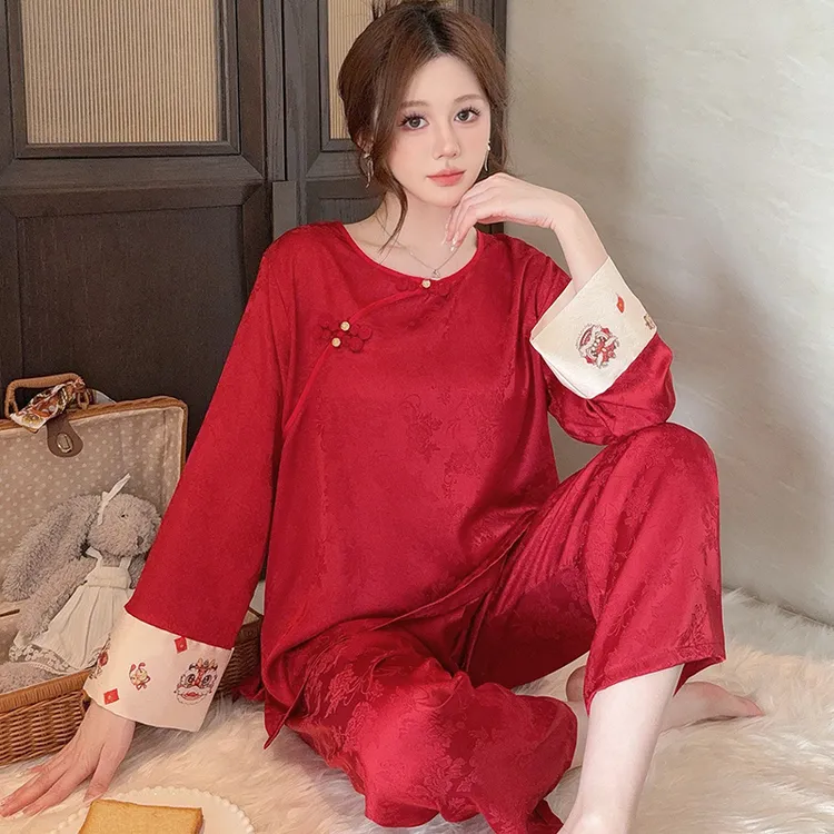 喜庆醒狮红色新中式国风睡衣春夏长袖女薄款提花冰丝家居服夏季