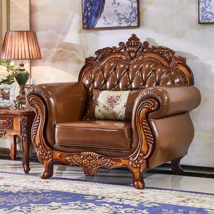欧式真皮沙发组合实木雕花金色客厅大户型别墅奢华沙发欧美风
