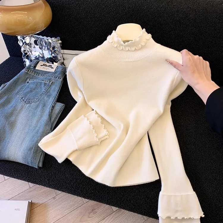 女秋冬季高端女装2025新款木耳花边半高领针织衫打底内搭上衣