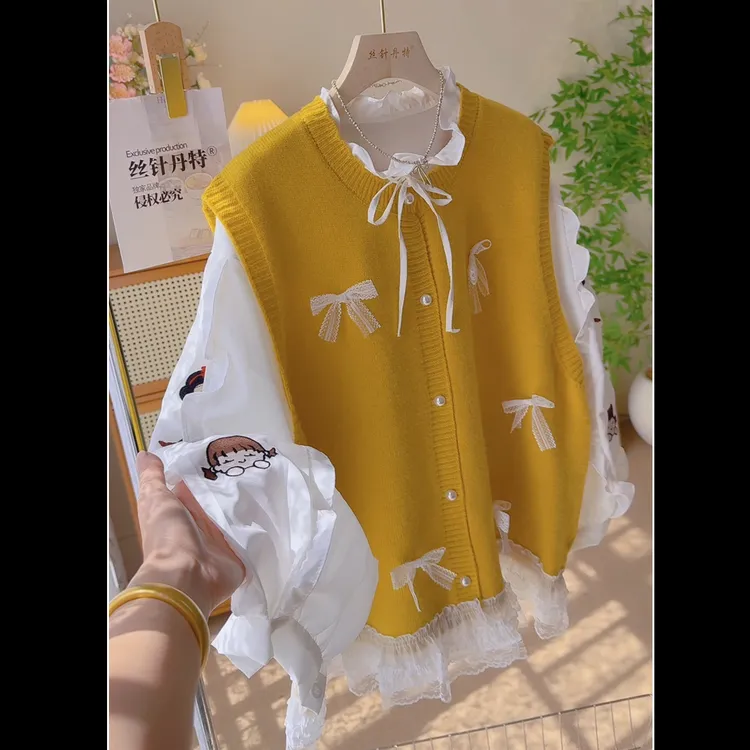 后-秋季森系甜美百搭款蕾丝花边拼接蝴蝶结开衫针织马甲宽松马夹