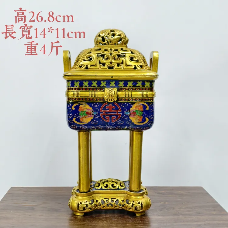 景泰蓝香熏炉铜胎掐丝珐琅福寿莲花纹方炉聚宝盆蓝色宝鼎炉