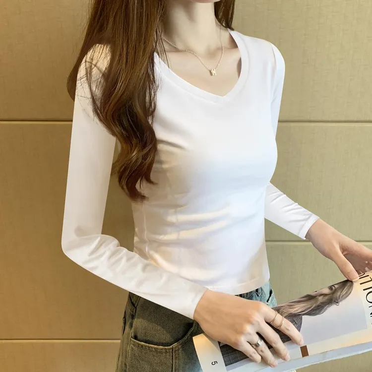 纯棉修身低领设计长袖t恤女2025年秋季时尚百搭内搭v领白色打底衫