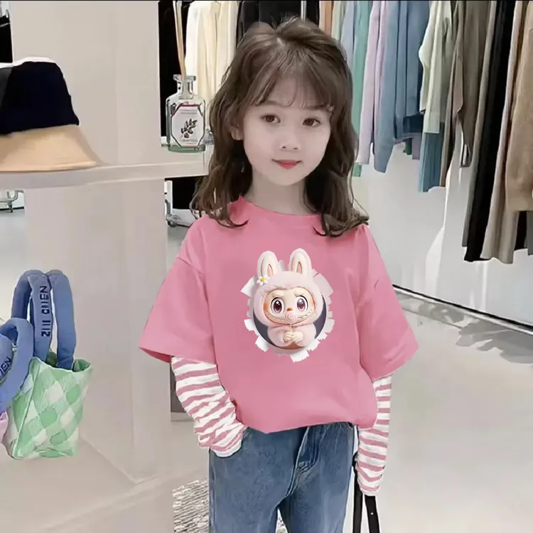 拉布布纯棉儿童新款女童宽松百搭假两件长袖T恤春秋打底外穿上衣