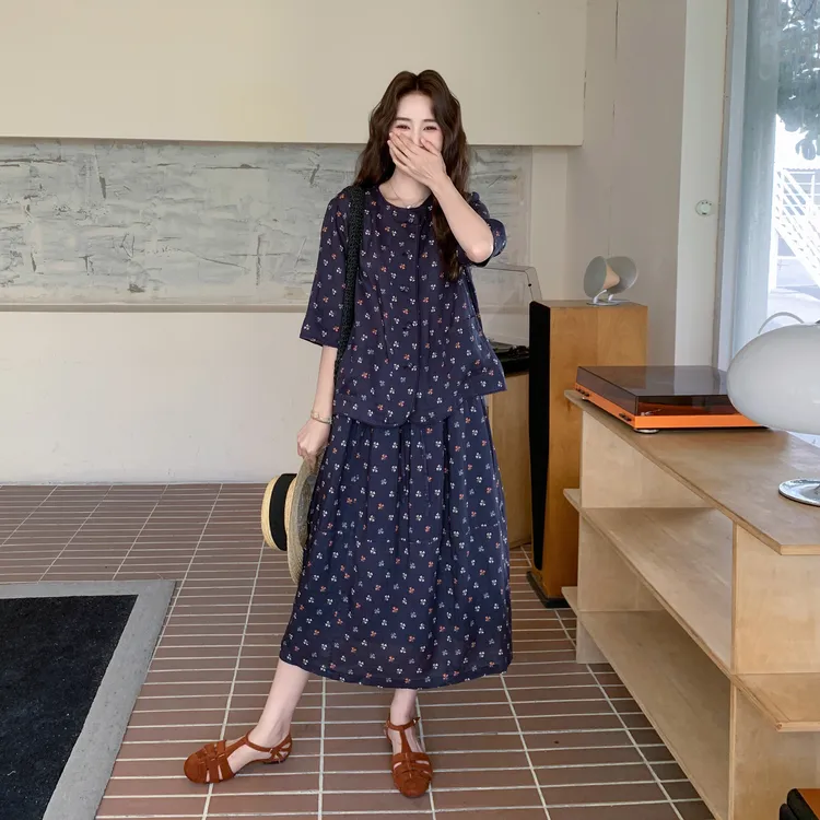 藏青色法式复古碎花套装裙女2025夏季新款轻熟风上衣半身裙两件套