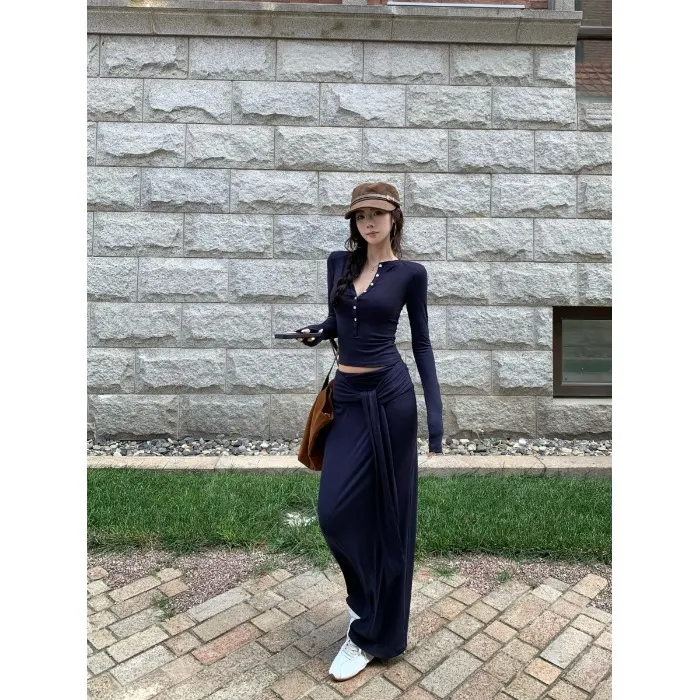 辣妹灰色半开领长袖修身T恤女秋季休闲套装绑带包臀半身裙两件套