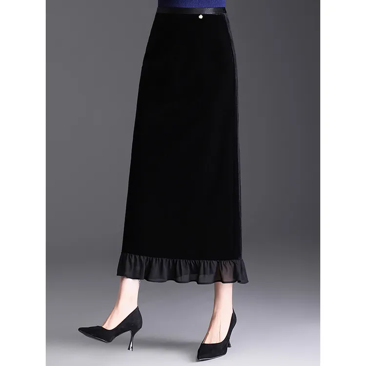 黑色金丝绒直筒半身裙荷叶边裙子女秋季新款气质长裙开叉包臀裙子