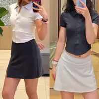 新款修身翻领衬衫款亨利衫女短袖掐腰显瘦瑜伽服高弹罗纹T恤