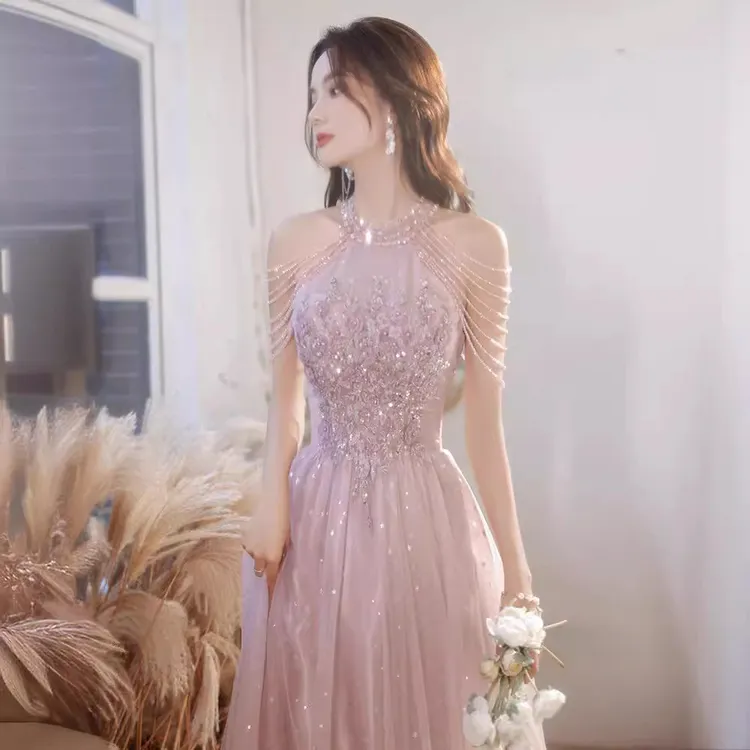 20252025粉色晚礼服女新款气质名媛宴会伴娘订婚生日主持人连衣裙