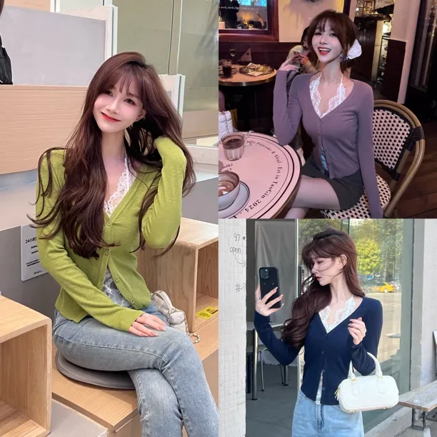 justcc《早春线 纯欲捕手》睫毛蕾丝吊带拼接V领开衫假两件T恤