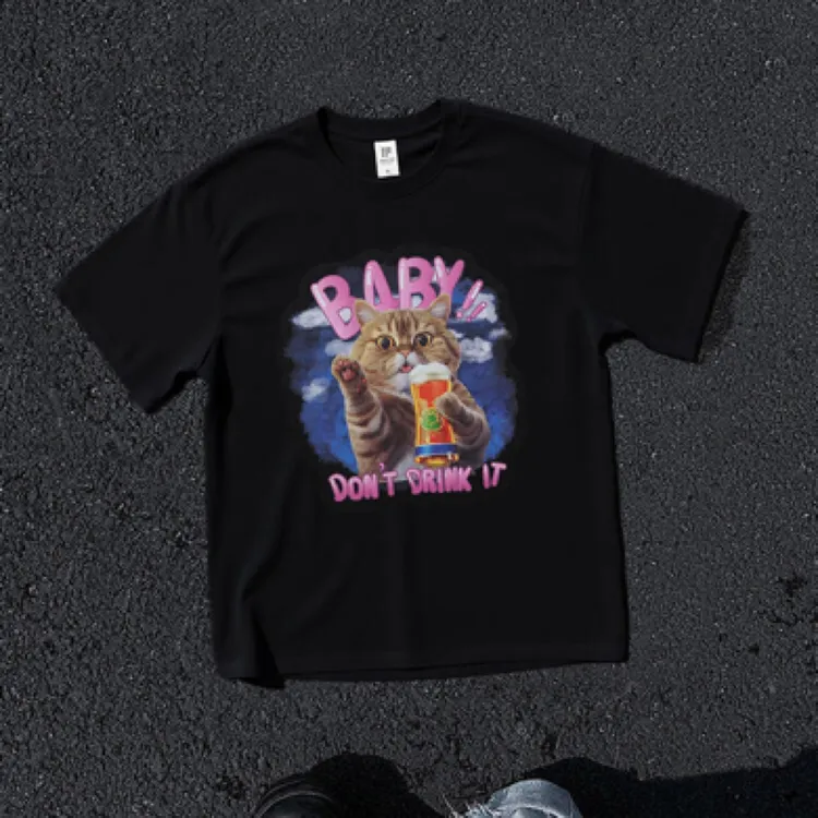 重磅全棉小猫vintage美式复古猫咪印花纯棉黑色短袖T恤男女款潮牌