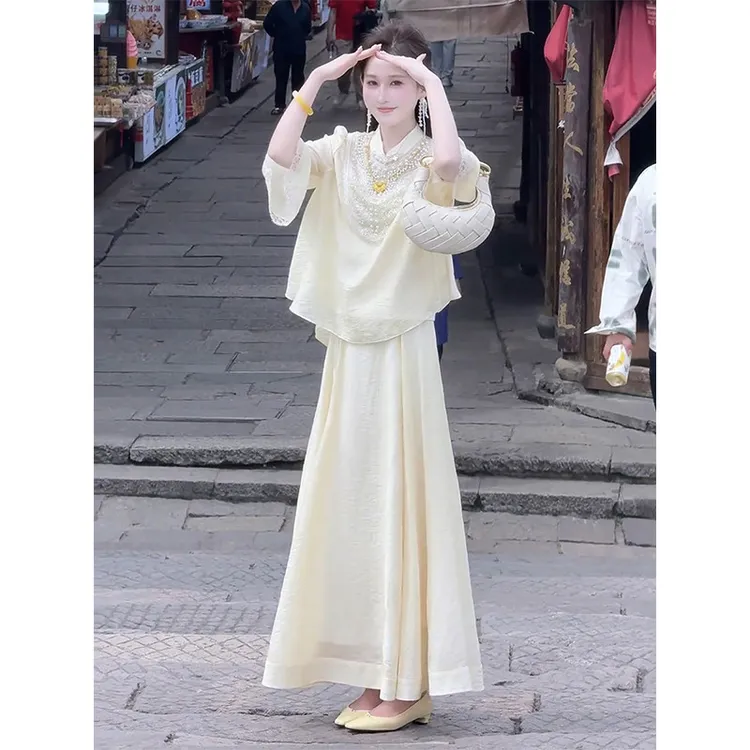 新中式国风禅意女装夏季高级感气质盘扣衬衫半身裙子时尚两件套装