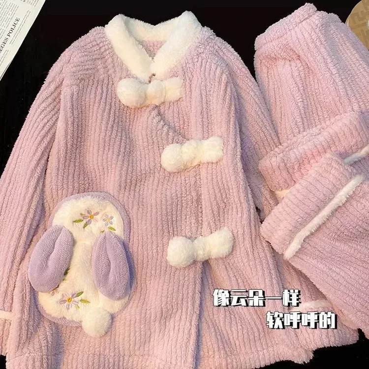 新中式保暖2025年秋冬季珊瑚绒加绒加厚家居服毛绒套装