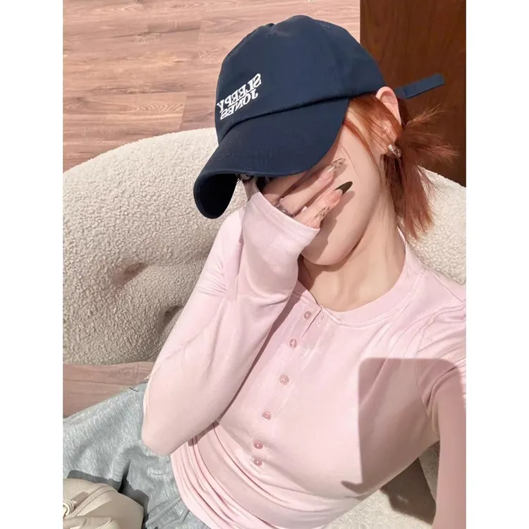 粉色长袖亨利打底衫内搭t恤女初开春韩系穿搭修身收腰设计感上衣