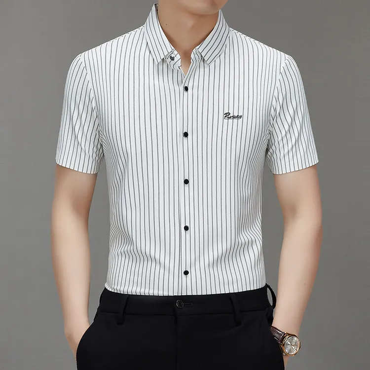 【专柜品质】高档条纹短袖衬衫男夏季商务休闲冰丝无痕免烫抗皱衬衣