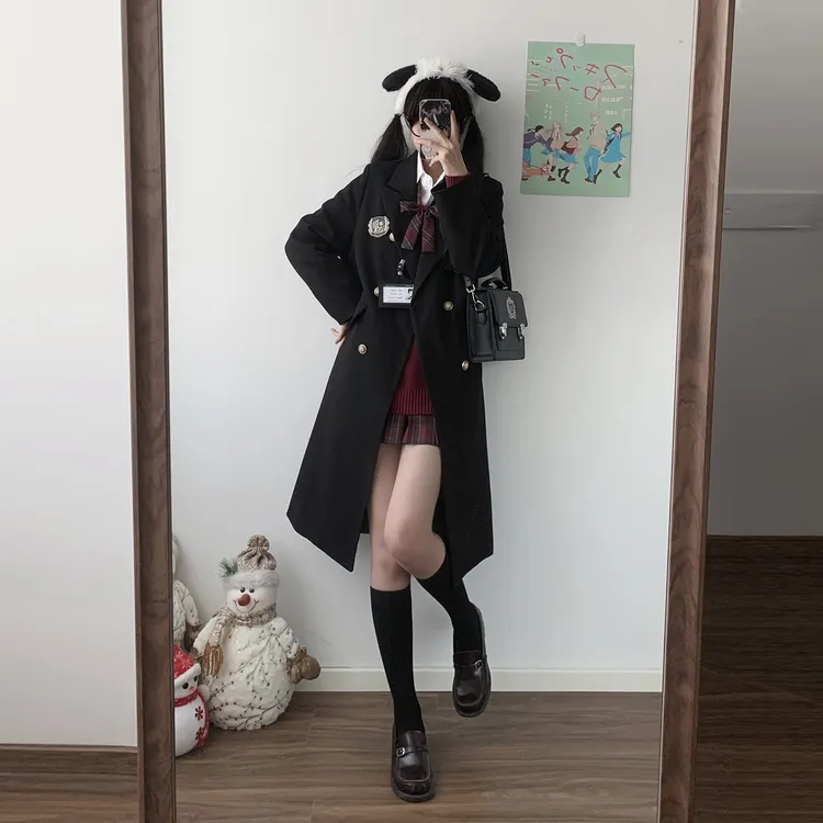 【津川私立】黑色基础百搭西服宽松长款休闲外套搭配JK制服格裙大衣