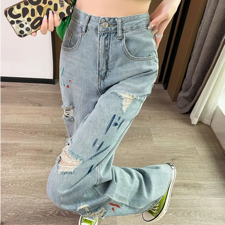 浅色破洞牛仔裤2025新款女泼墨设计感春季拖地直筒裤TZQ2521051