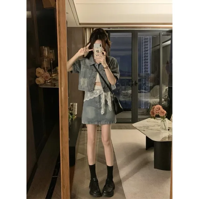 大码港风牛仔套装女夏季短袖外套高腰半身短裙蕾丝腰带三件套