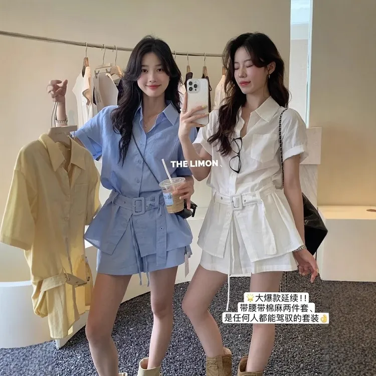 THE LIMON柠檬绿茶韩系高级感穿搭收腰衬衫+显瘦休闲短裤套装女夏