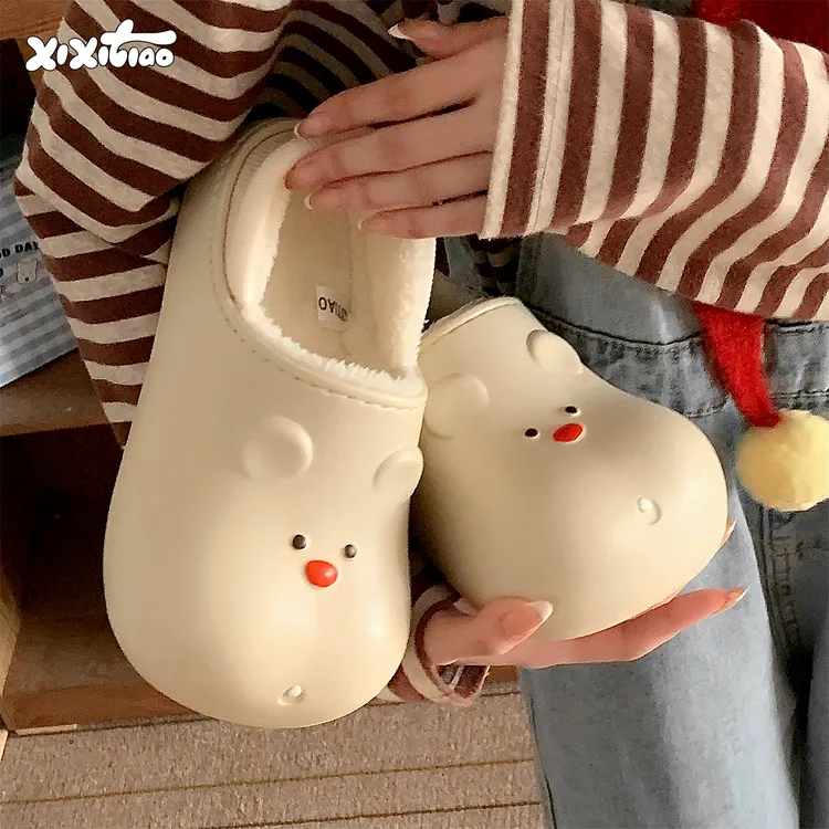 细细条 加绒保暖小熊懒人厨师鞋女冬外穿居家防水防滑可爱棉拖鞋