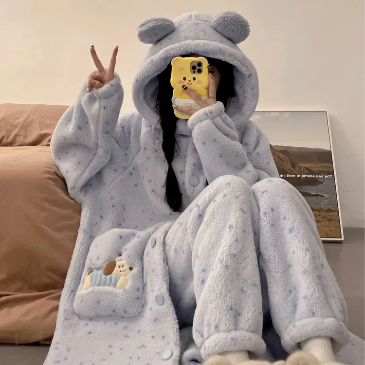 奥美诗嘉腊肠狗睡袍女珊瑚绒秋冬2025新款加绒加厚睡衣保暖家居服