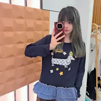 小众设计师款 2025秋冬新款卡通俏皮腊肠狗印花格子木耳边T恤
