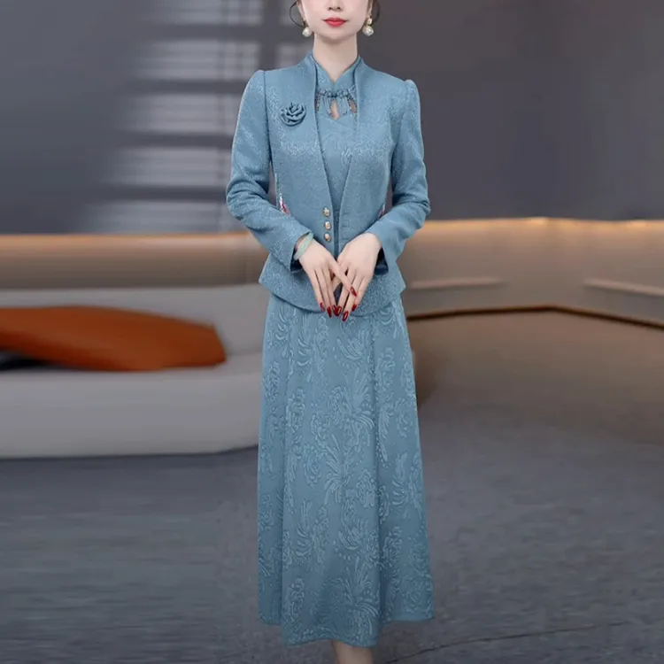 琉璃精纺气质国风套装裙2025秋季新款蓝色优雅时尚两件套连衣裙子