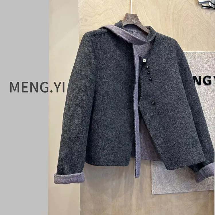 MENG.YI拼色设计款手工缝制羊毛外套 5327