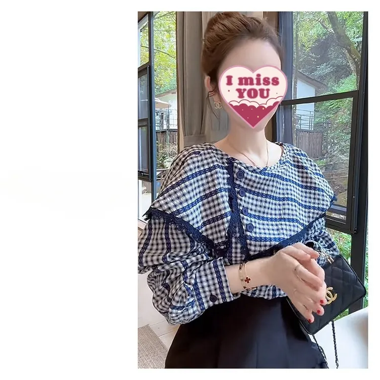 秋季新款时尚韩系洋气格纹设计感不规则翻领气质长袖衬衫格子006