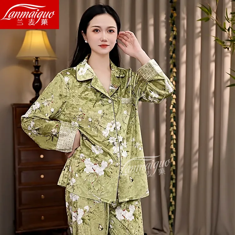 兰麦菓【山茶花金钻绒】睡衣女2025秋冬季新款气质感丝绒家居服套装