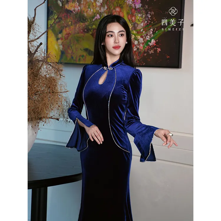 四美子【蓝梦】冬新款新中式气质性感显瘦丝绒礼服改良旗袍连衣裙