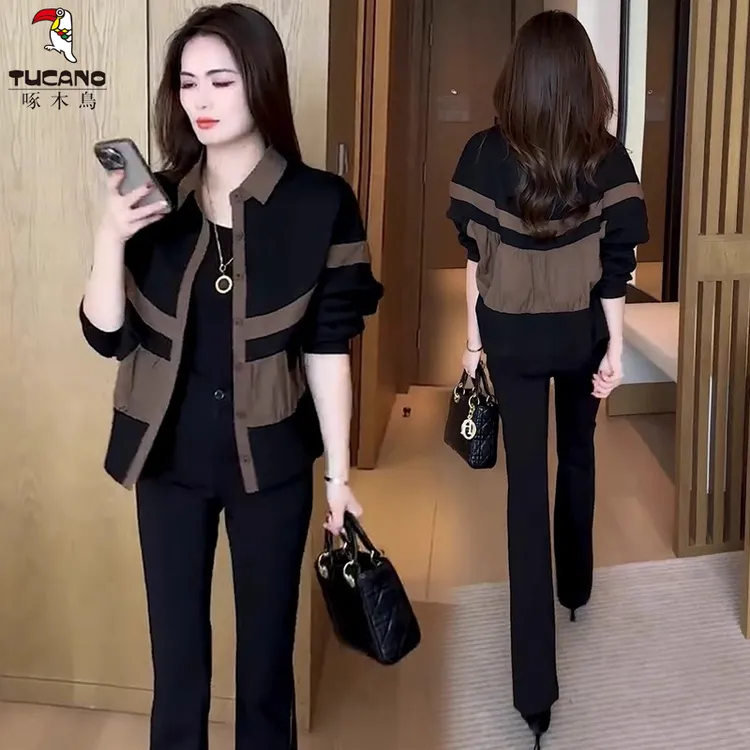 啄木鸟爆款拼色短款外套女2025新款气质上衣高级感宽松休闲夹克