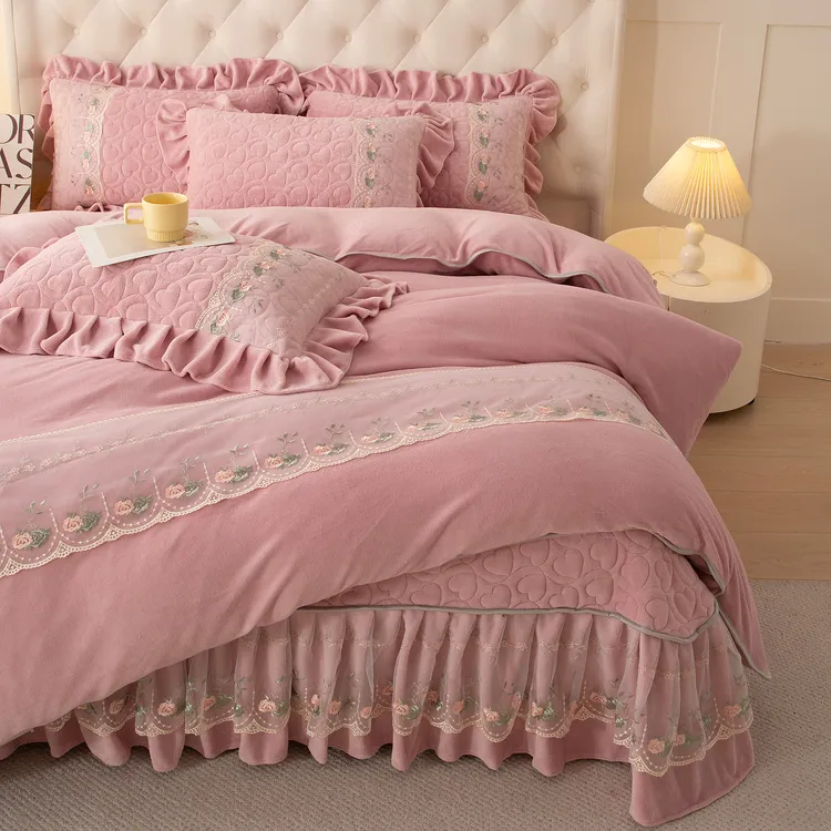 冬季双面加厚牛奶绒床上四件套公主风蕾丝花边被套刺绣床盖床品