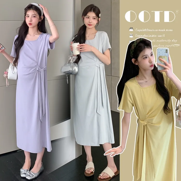 2025夏季孕妇装连衣裙简约经典方领修身系绳亲肤弹力连衣裙大码