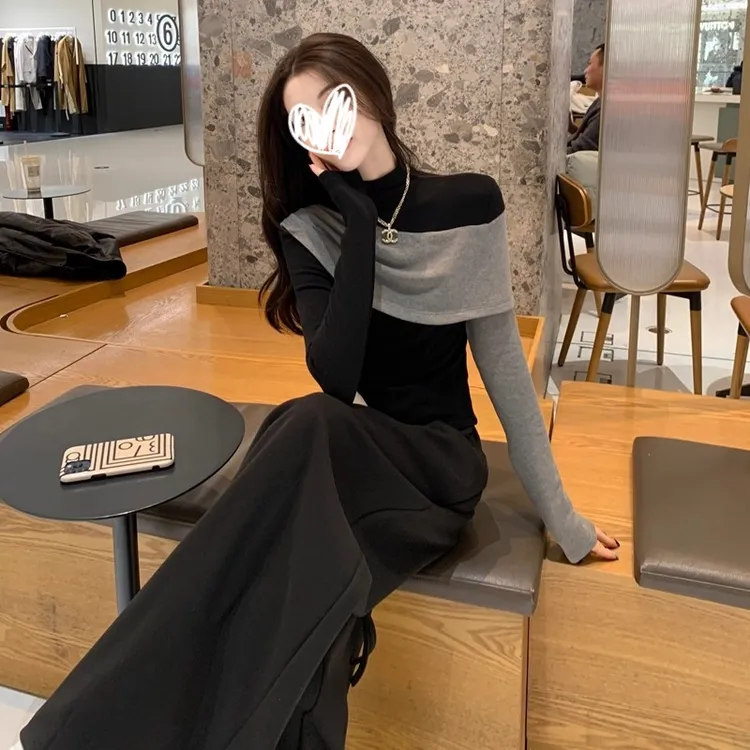 撞色拼接半高领加绒打底衫女2025新款季修身内搭别致独特上衣