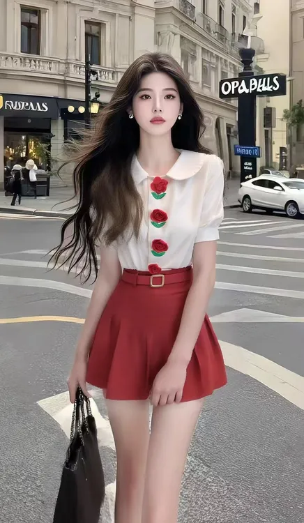 温柔风高端大气白色翻领修身短袖花朵设计上衣+红色百搭高腰半裙