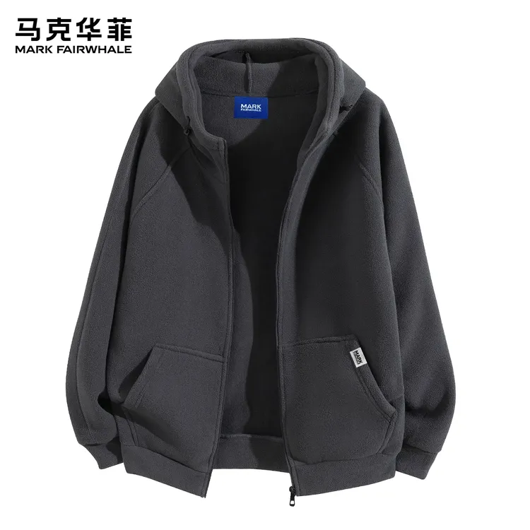 马克华菲摇粒绒夹克男士2025秋冬款宽松黑色连帽开衫卫衣外套
