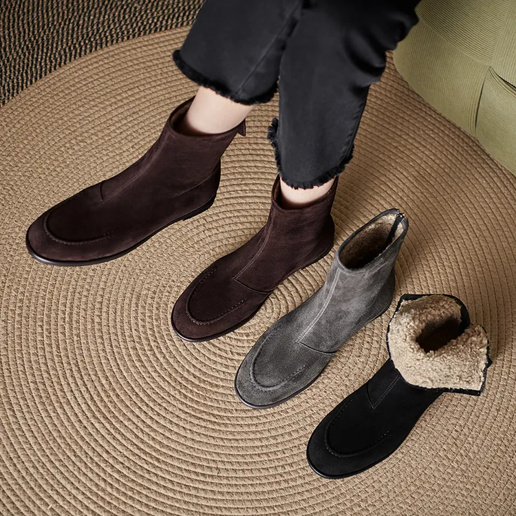 不臃肿~裸靴圆头软皮雪地靴女冬加绒短靴磨砂皮瘦瘦靴平底马丁靴