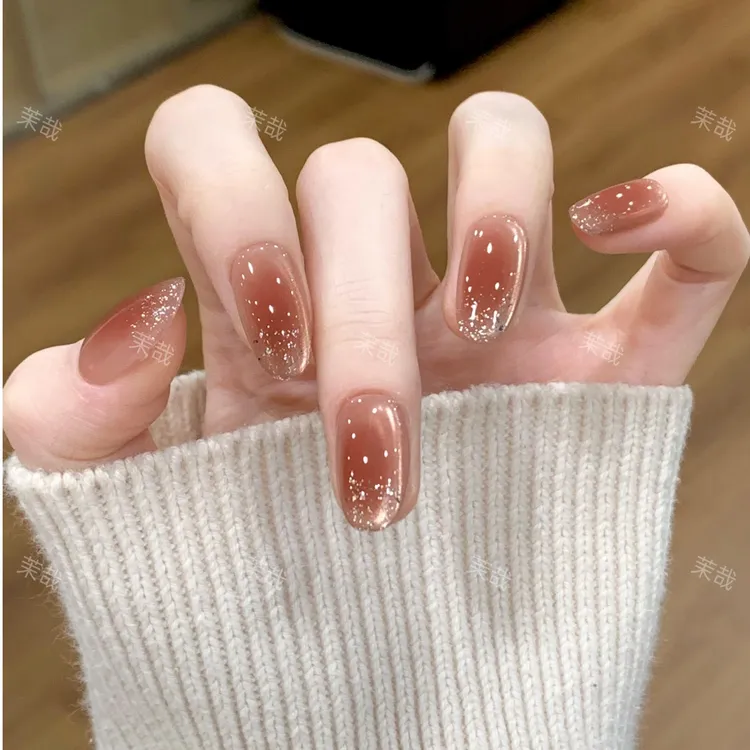 茉哉【碎闪冰茶】纯手工定制美甲拆卸穿戴甲A5386