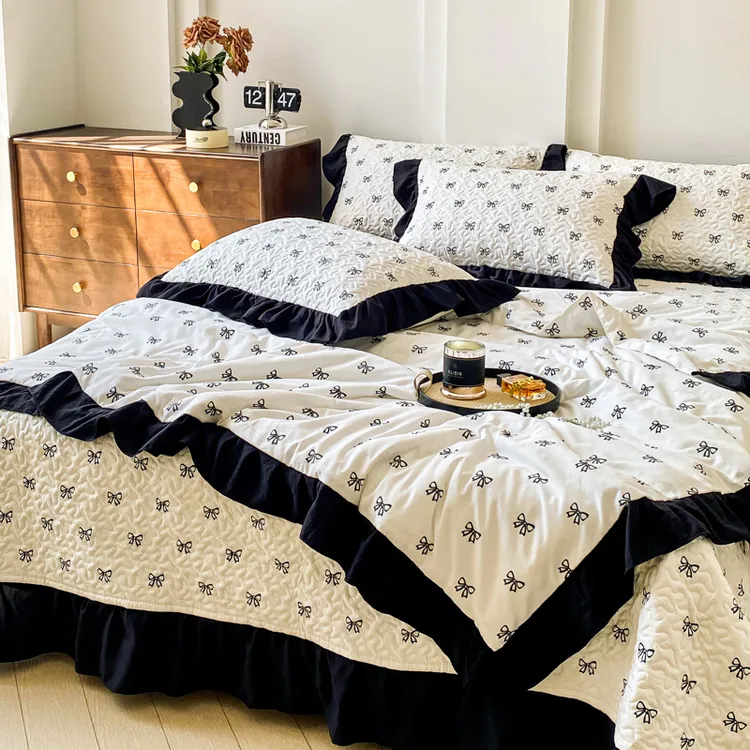 2025新款黑白赫本风100水洗棉夏凉被床盖套轻奢款床盖夏被四件套