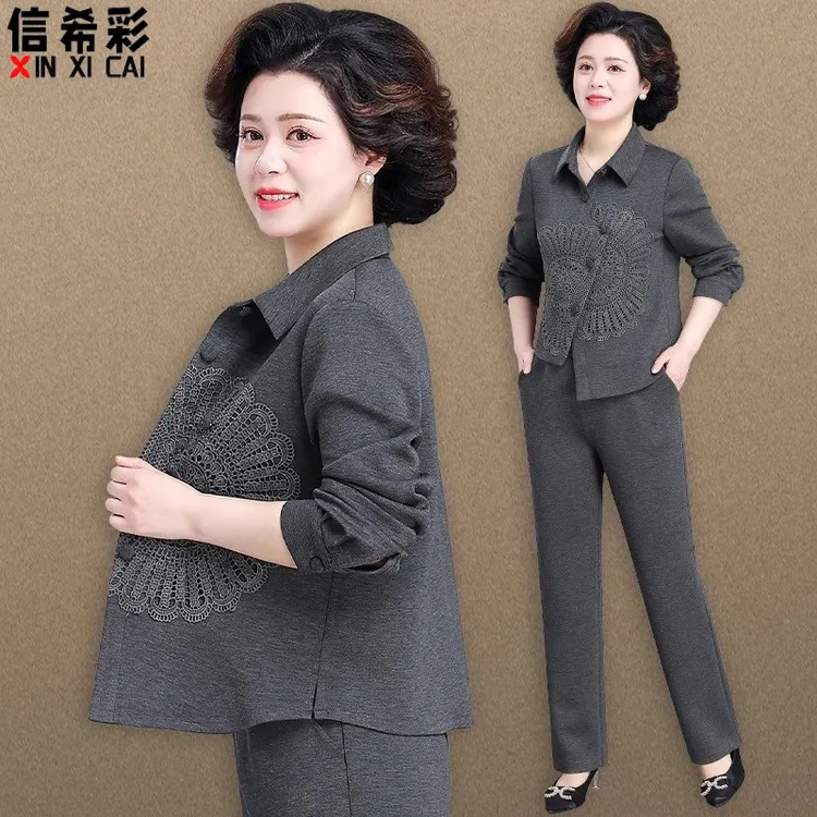 中年妈妈春装韩版翻领外套中老年休闲运动服套装女春秋两件套气质