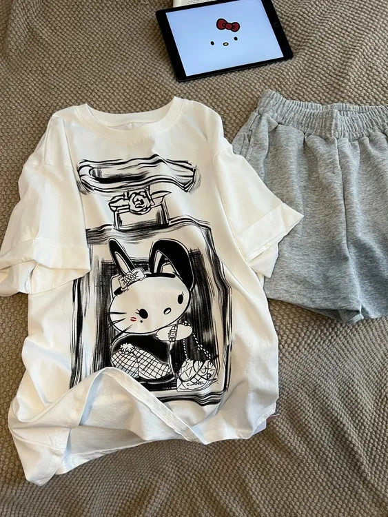 【少女kitty】美式慵懒风卡通短袖T恤睡衣女套装夏季休闲宽松家居服