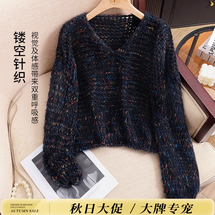 丝柏舍秋装新款女生韩系ins衣服短款套头长袖V领毛衣S53F0068M