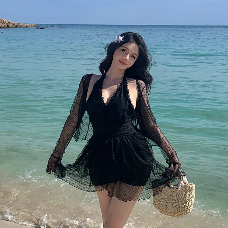 微胖大码胖MM200斤显瘦度假泡温泉连体裙式纯欲风辣妹泳衣长袖ins