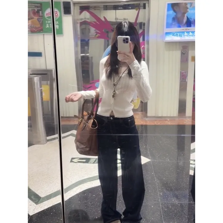 韩系纯欲u领镂空长袖针织打底衫女早秋辣妹收腰显瘦别致内搭上衣