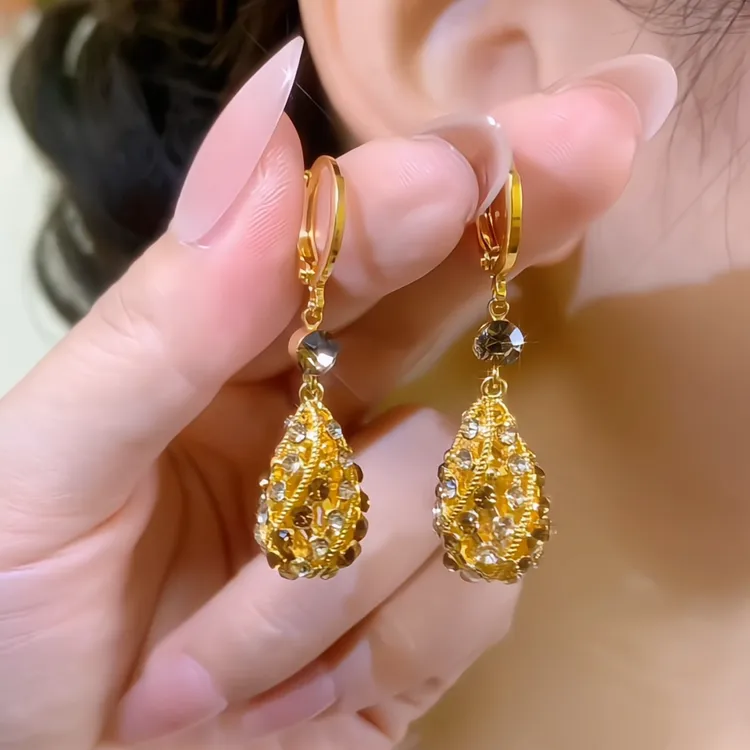铜合金合成锆石耳饰 【金玉满堂】设计感满钻水滴气质百搭耳扣