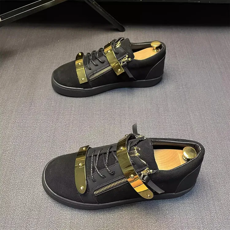 【2025秋季新款轻奢男鞋来袭】磨砂皮软底板鞋韩版个性侧拉链休闲鞋