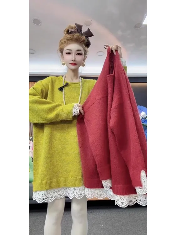 冬季新款下摆圆领中长款套头针织衫蕾丝百搭拼接时尚长袖宽松毛衣